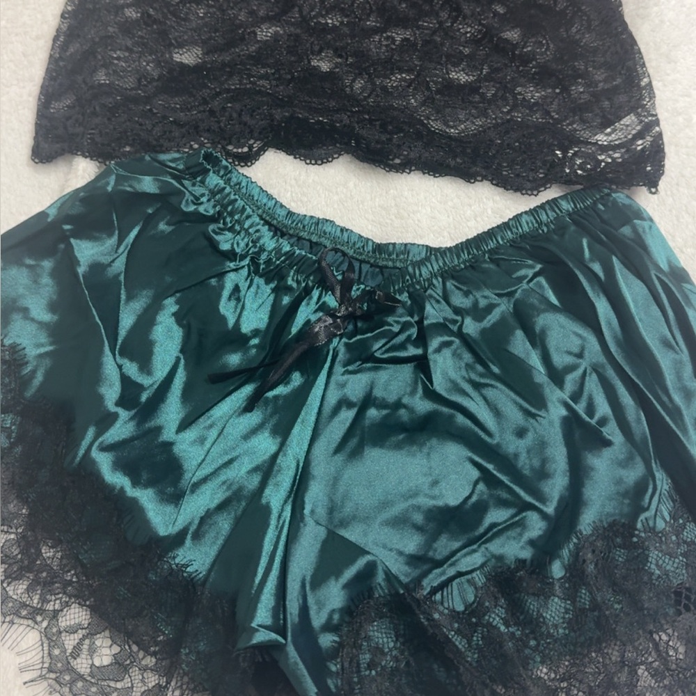 Luxurious Black Lace and Teal Satin Sleepwear Set